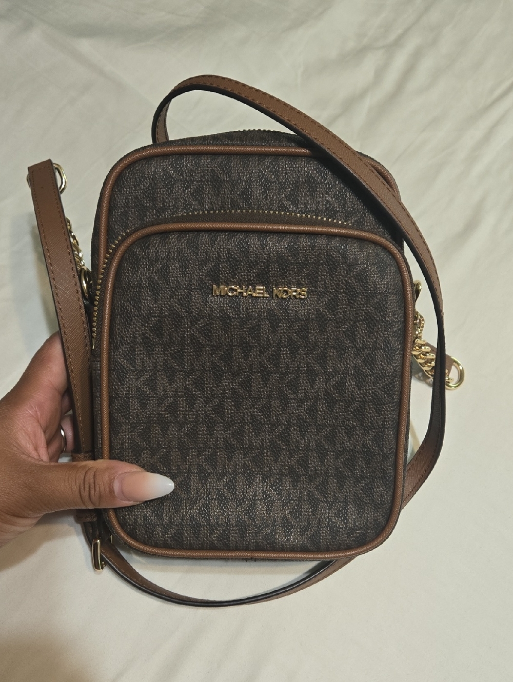 Michael Kors Brown Monogram Leather-Trim Crossbody with Gold Hardware